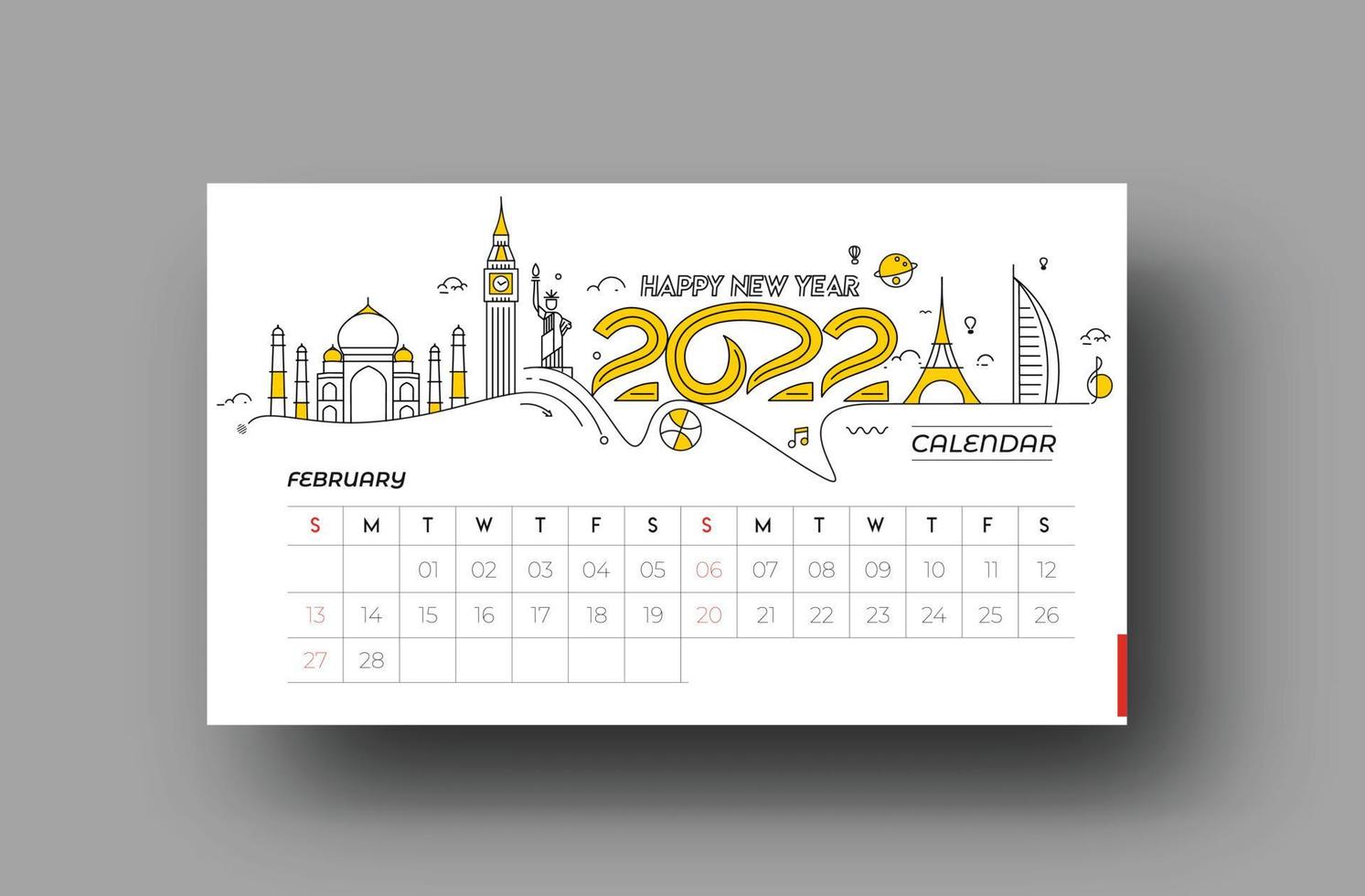 bonne année 2022 calendrier de février - éléments de conception de vacances de nouvel an pour les cartes de vacances, affiche de bannière de calendrier pour les décorations, fond d'illustration vectorielle. vecteur