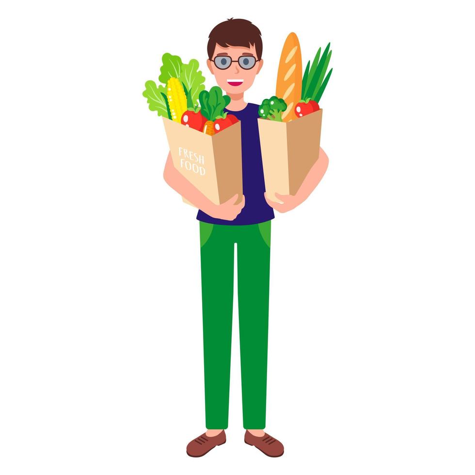 garçon heureux de dessin animé de vecteur tenant des sacs d'épicerie en papier écologique avec des aliments biologiques frais.