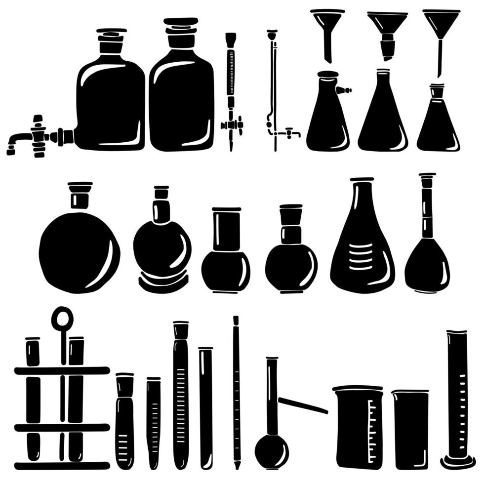 ensemble de silhouettes de verrerie de laboratoire, flacons, tubes à essai, bouteilles, burettes, verres à mesurer et cylindres, arrosoirs et pipettes, recherches et expériences en laboratoire vecteur