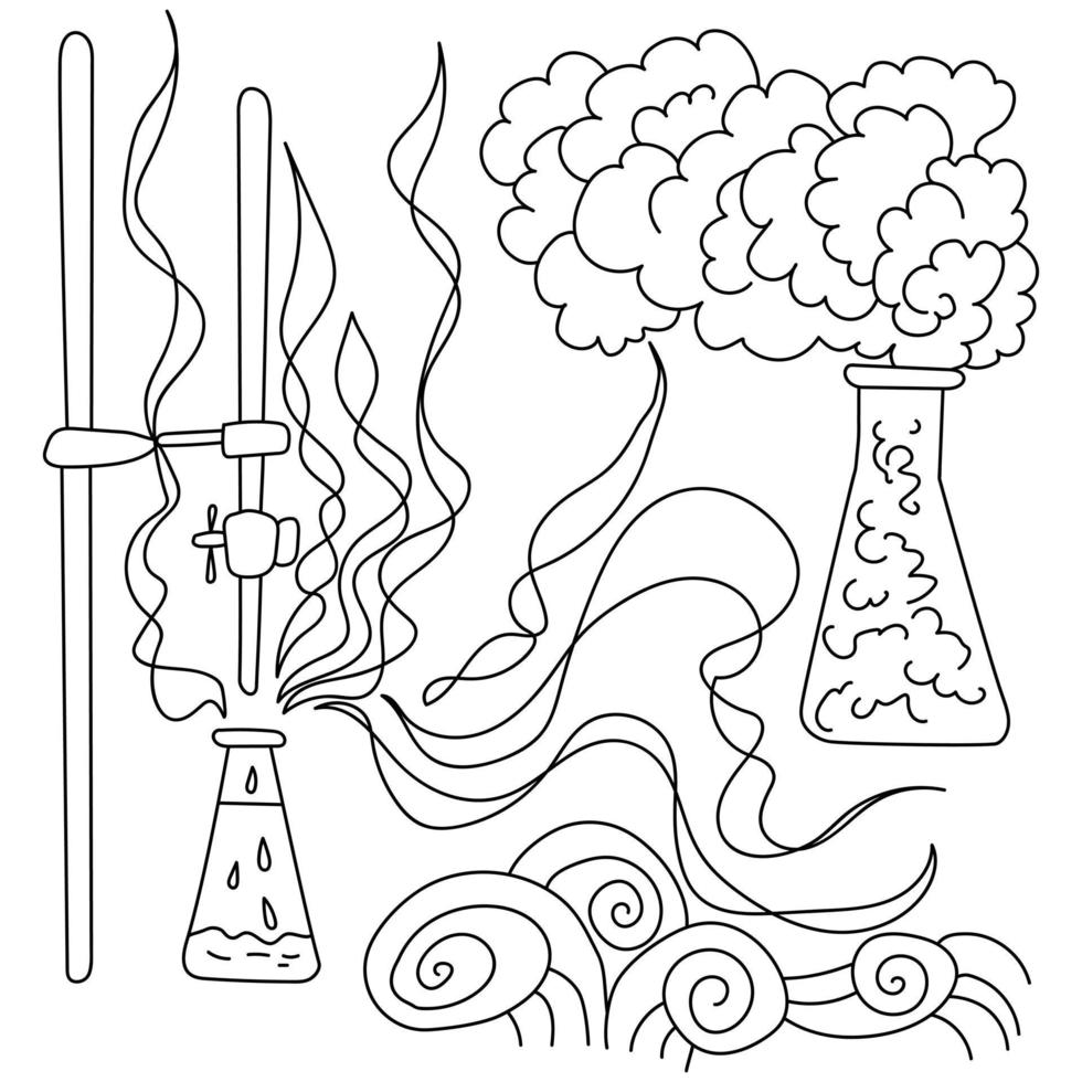 Coloriage scientifique avec des instruments et des ustensiles de laboratoire, des motifs ornés illustrant une réaction violente dans des flacons vecteur