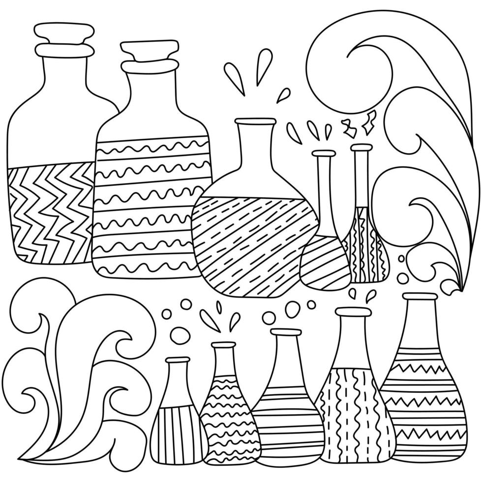 coloriage sur le thème de la science et de la recherche en laboratoire, deux rangées de flacons et de bouteilles avec différents motifs zen vecteur