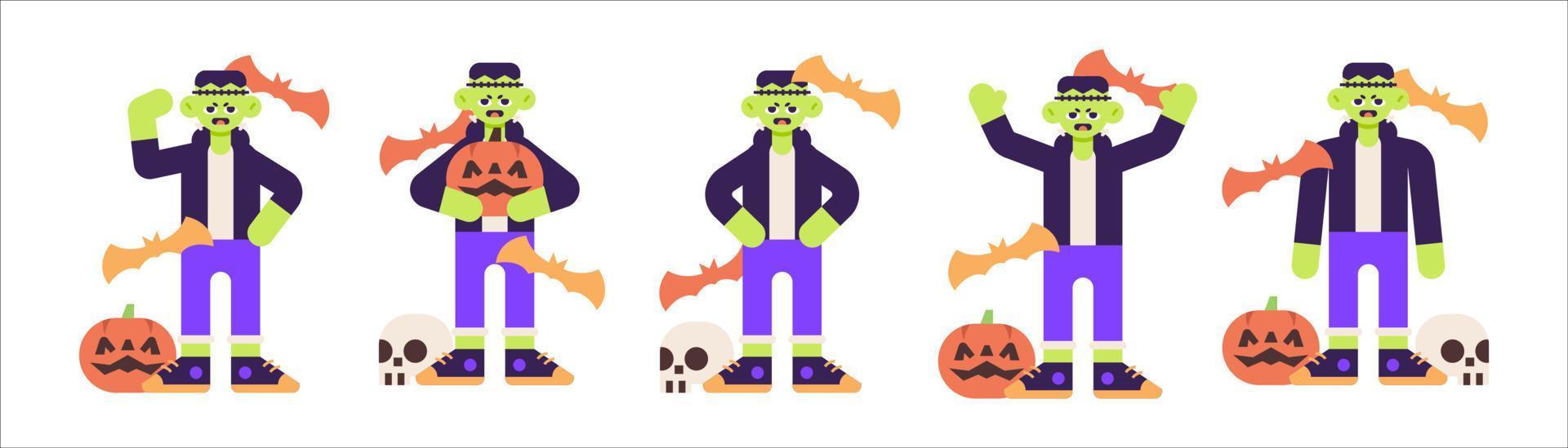 ensemble de costume de frankenstein mignon pour halloween avec diverses illustration de pose vecteur