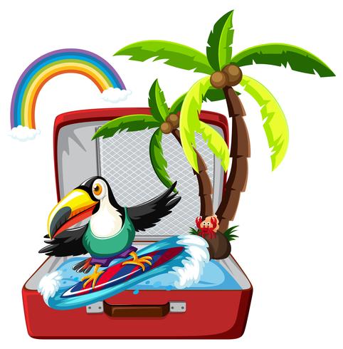 Toucan surfant dans une valise vecteur