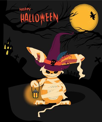 Carte d&#39;Halloween avec un lapin monstre tenant un lampton vecteur