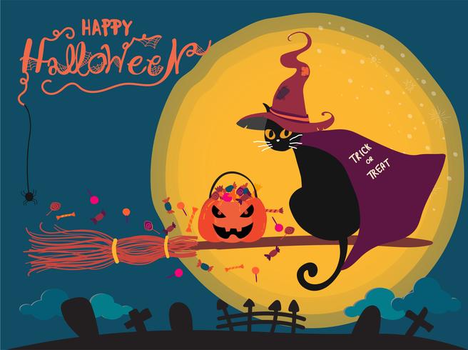 Carte d&#39;Halloween avec un joli chat noir à cheval sur une fleur de sorcière vecteur