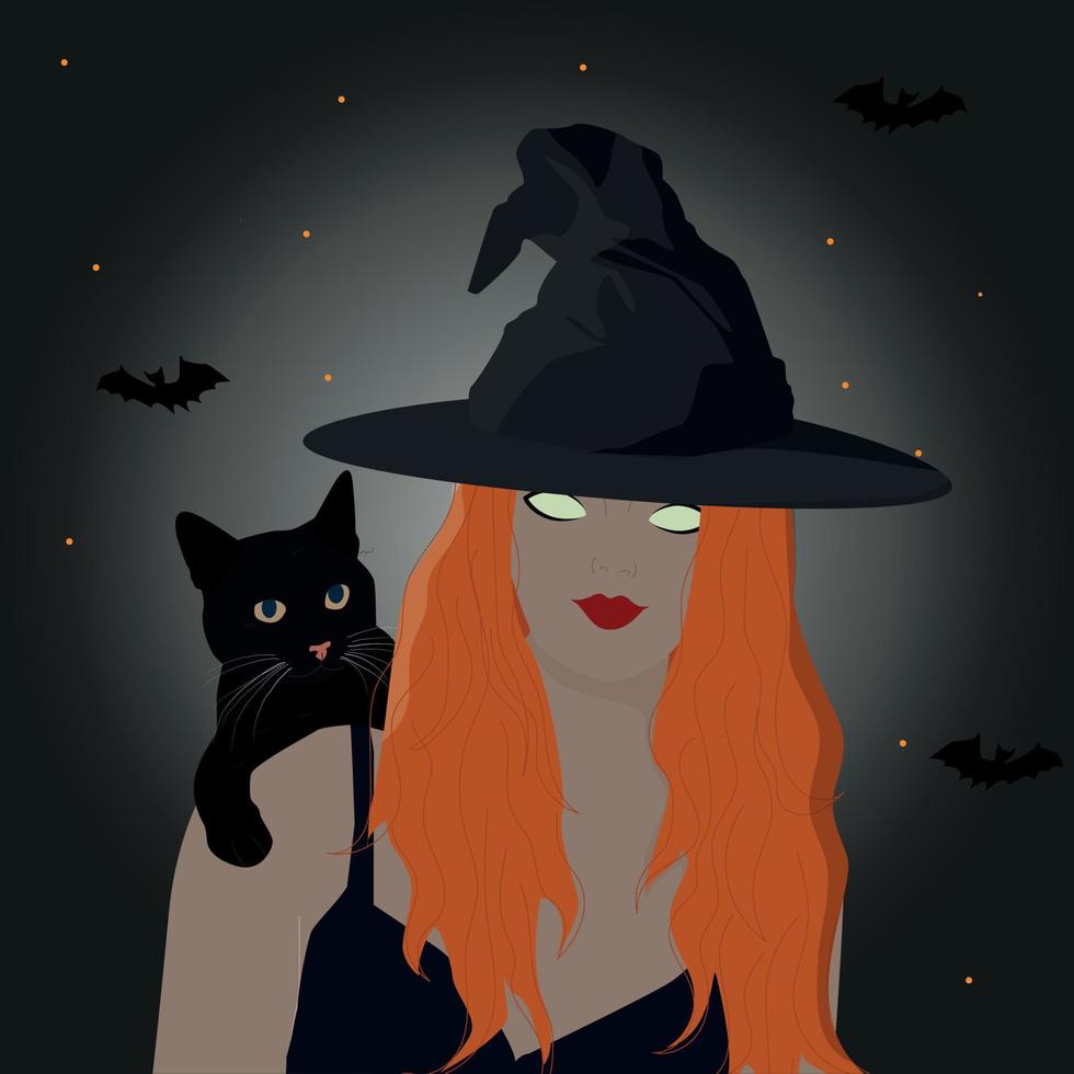 fille de sorcière d'halloween avec chat noir. vecteur