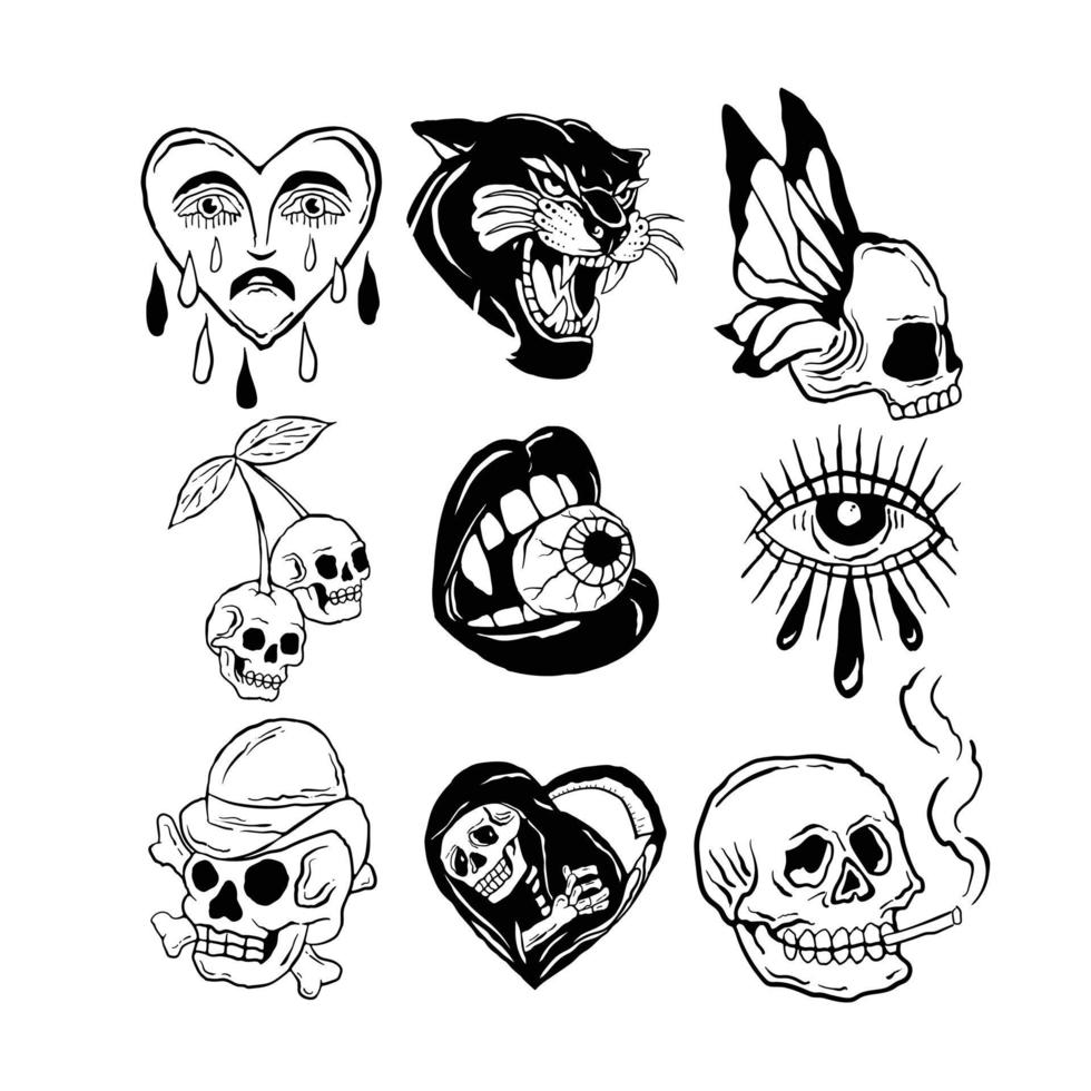 ensemble de crânes illustration noir et blanc imprimé sur des t-shirts, des sweat-shirts et des souvenirs vecteur premium