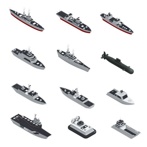 Jeu d&#39;icônes isométrique de bateaux militaires vecteur
