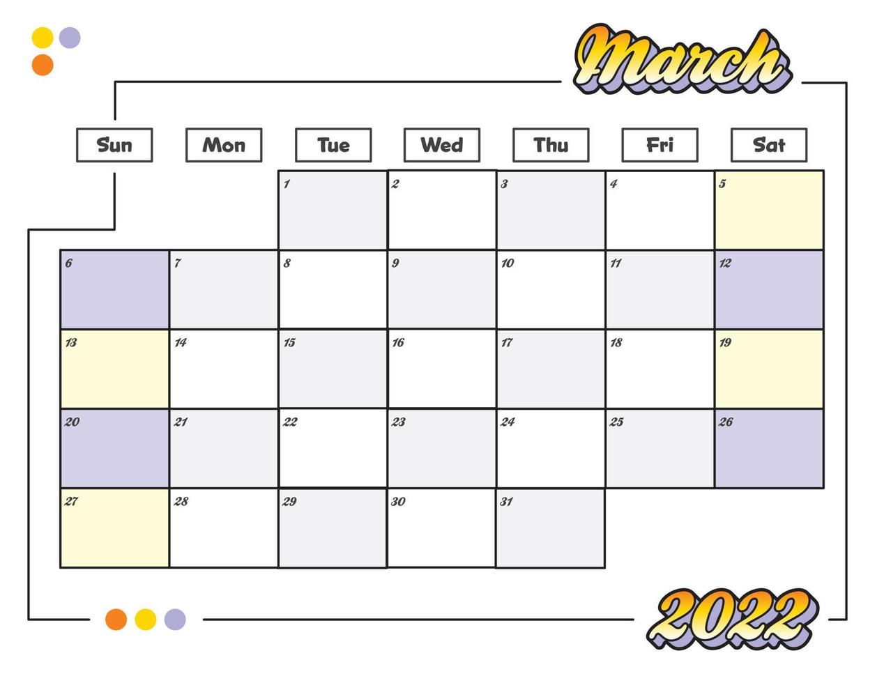 mars coloré mignon calendrier mensuel 2022 imprimable vecteur