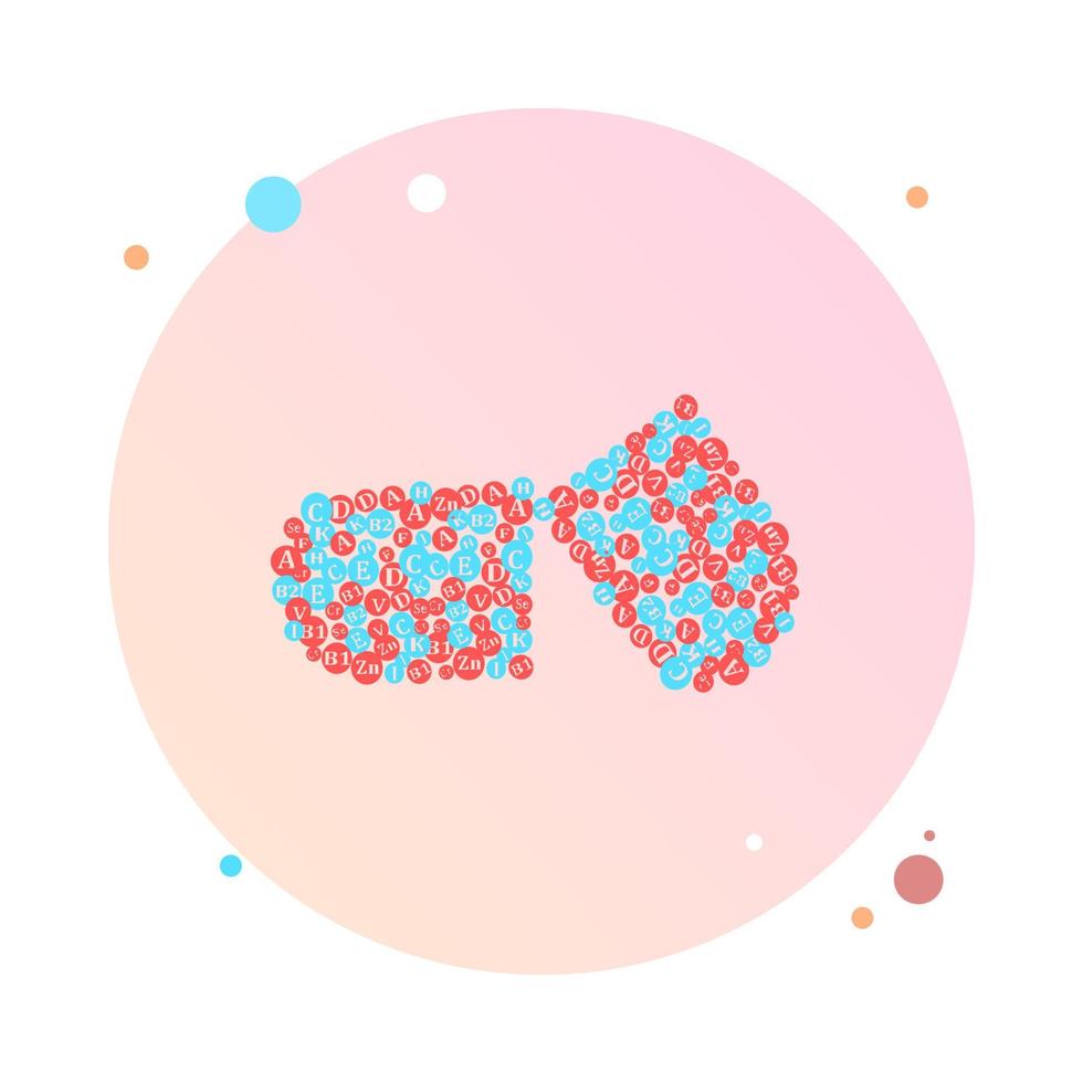 complexe de vitamines et minéraux essentiels dans l'icône du cercle. capsule de pilule de vitamine de conception créative de vecteur. complexe multivitaminé en icône ronde. supplément multivitaminé, logo de vitamine. affiche d'infographie de régime. vecteur