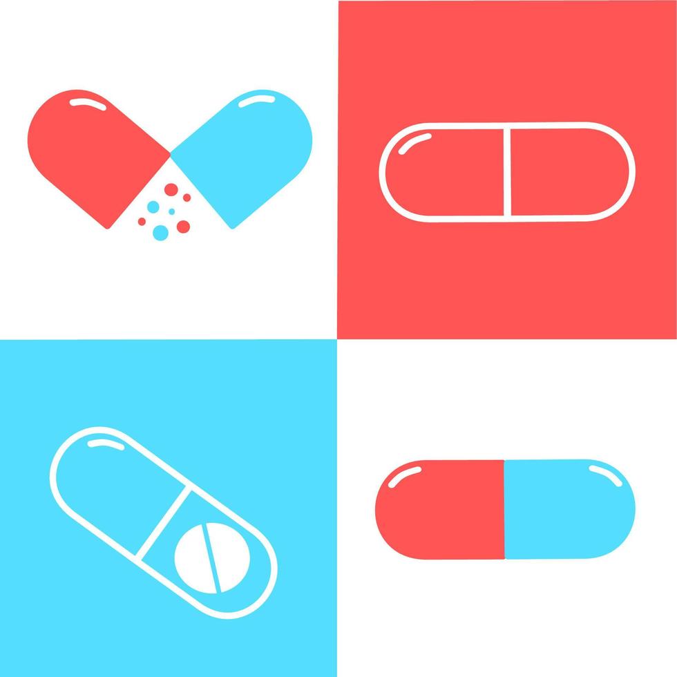 icônes de pilules médicales sur fond blanc, bleu et rouge. médecine, pharmacie, hôpital ensemble de médicaments. médicaments, concept pharmaceutique. illustration vectorielle. médicaments icônes plates pilules, capsules. vecteur