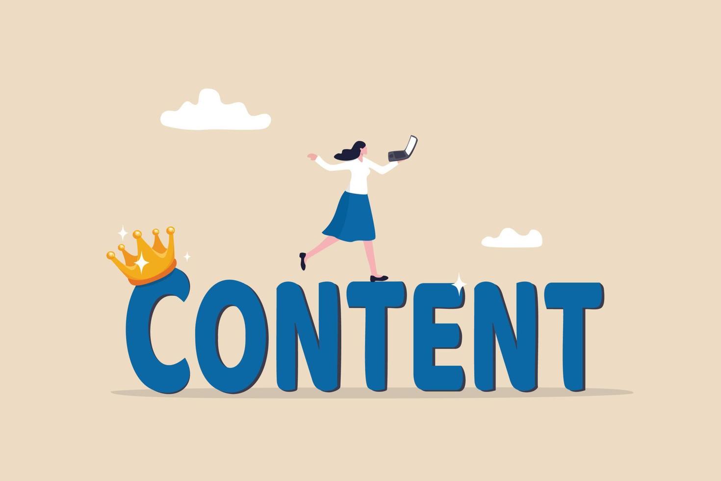 le contenu est roi, stratégie publicitaire pour renforcer l'engagement client ou l'audience en ligne, narration ou bons articles sur le site Web, femme heureuse écrivain avec ordinateur portable sur le mot contenu portant la couronne royale. vecteur