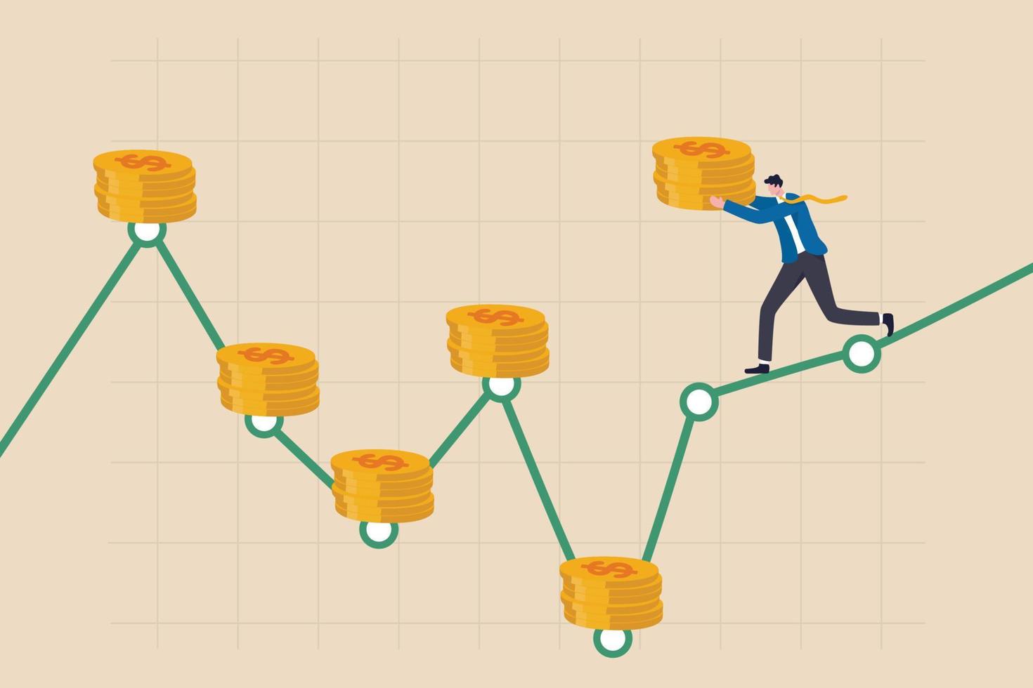 dca, stratégie d'investissement à coût moyen en dollars pour mettre la même somme d'argent chaque mois pour gagner plus de richesse et de concept de profit, homme d'affaires intelligent investisseur détenant une pile de pièces chaque mois. vecteur