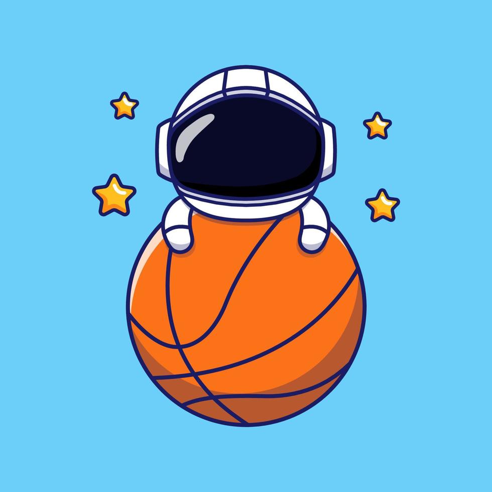astronaute mignon vendant un ballon de basket vecteur