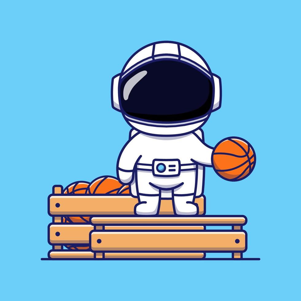 astronaute mignon vendant un ballon de basket vecteur