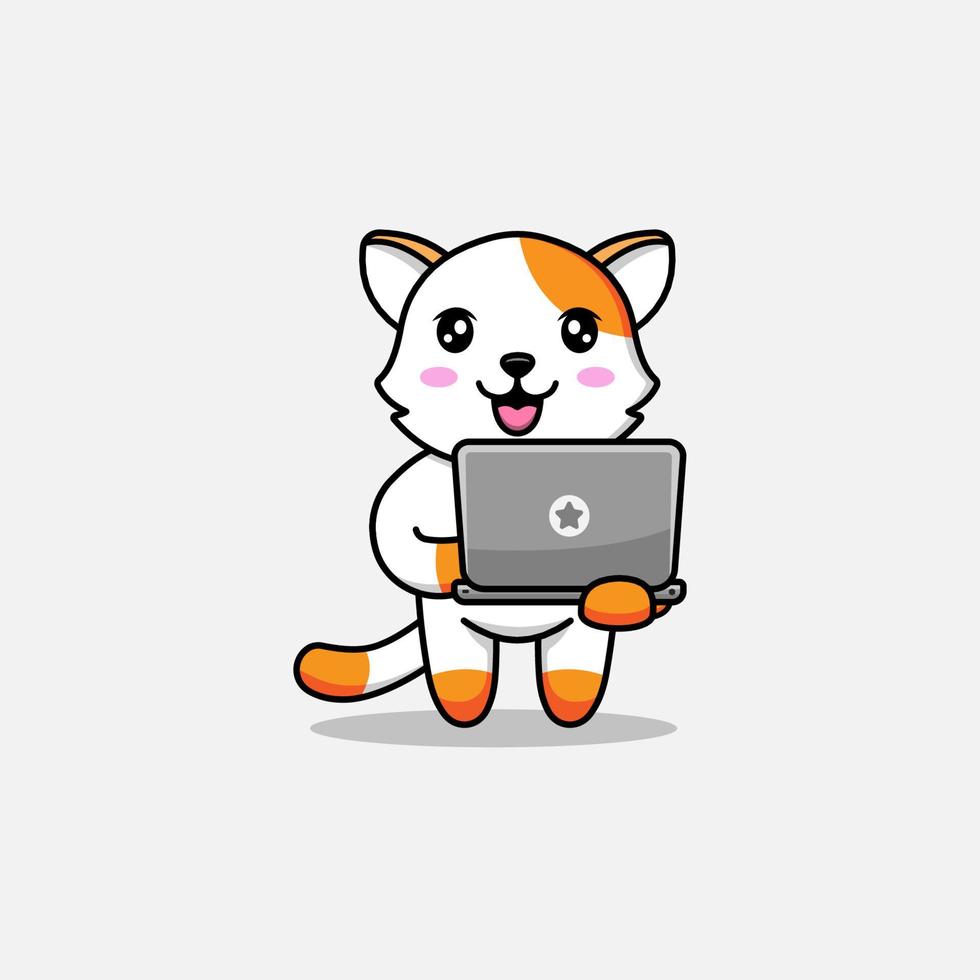 chat mignon portant un ordinateur portable vecteur