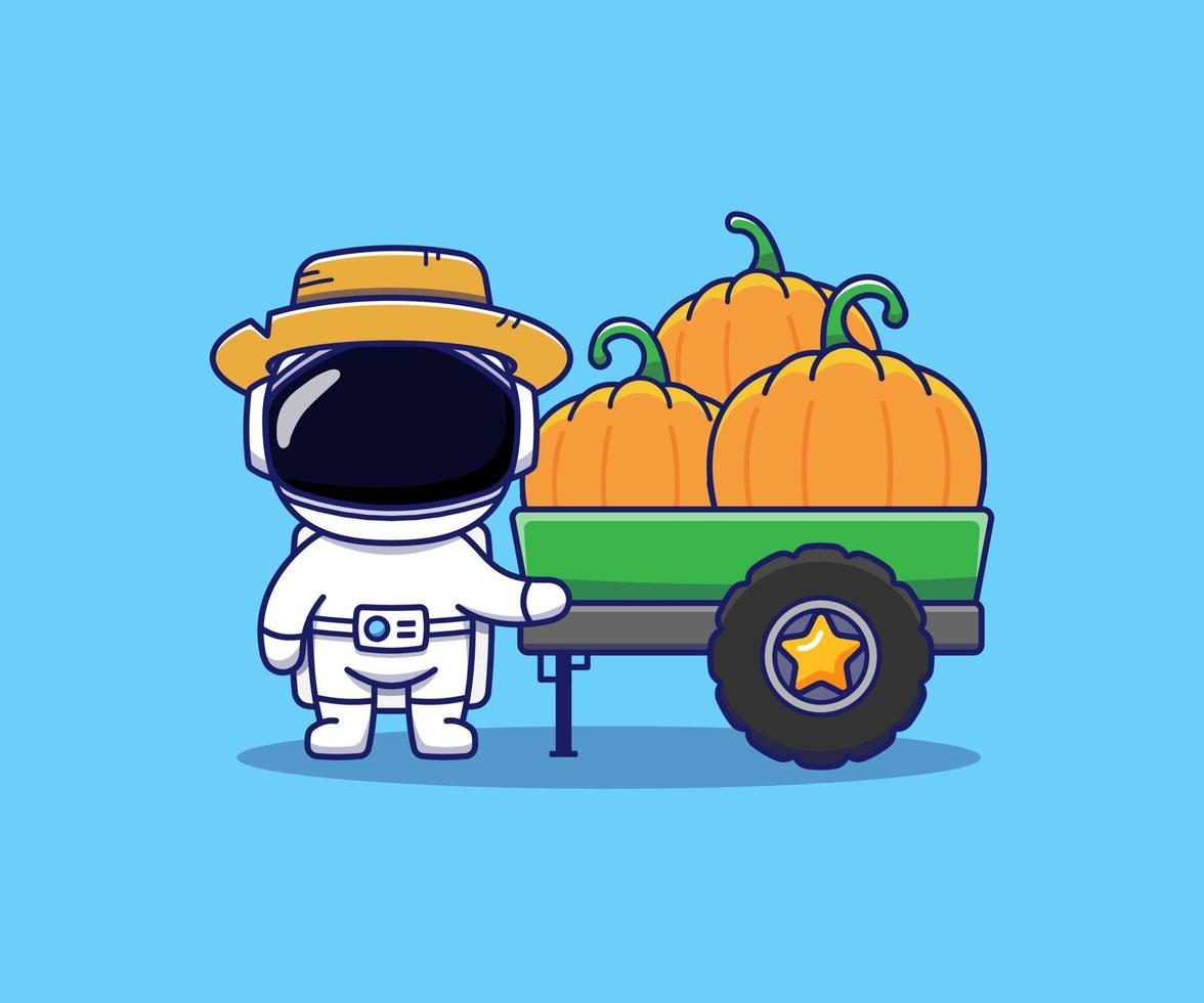 astronaute mignon beaucoup de citrouilles dans le camion vecteur