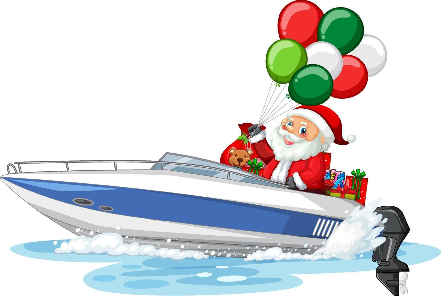 noël santa sur speed boat avec ses cadeaux vecteur