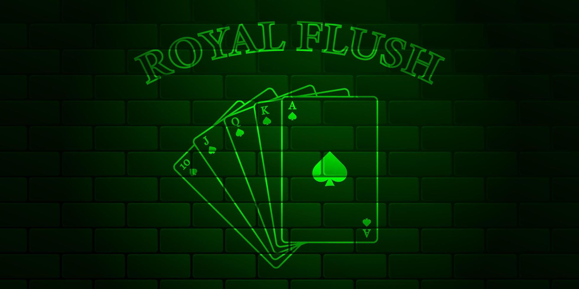 mur de briques vert foncé avec poker de texte brillant et quinte flush royale du costume de pique. illustration vectorielle. vecteur