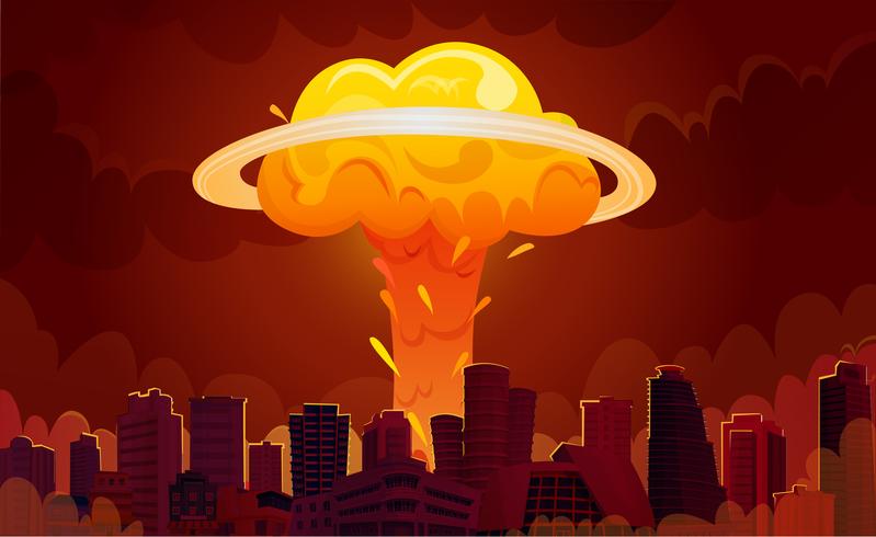 Affiche de dessin animé de la ville de l&#39;explosion nucléaire vecteur