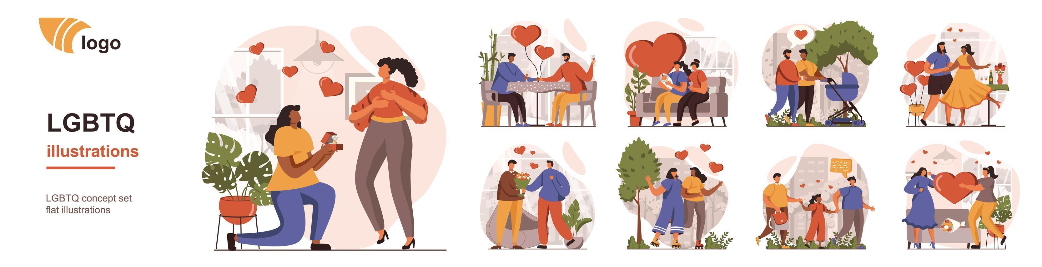 Les couples et les familles lgbtq conçoivent des situations de personnes isolées. collection de scènes avec des personnes en rendez-vous romantique, proposer, adopter et élever des enfants ensemble. méga ensemble. illustration vectorielle au design plat vecteur