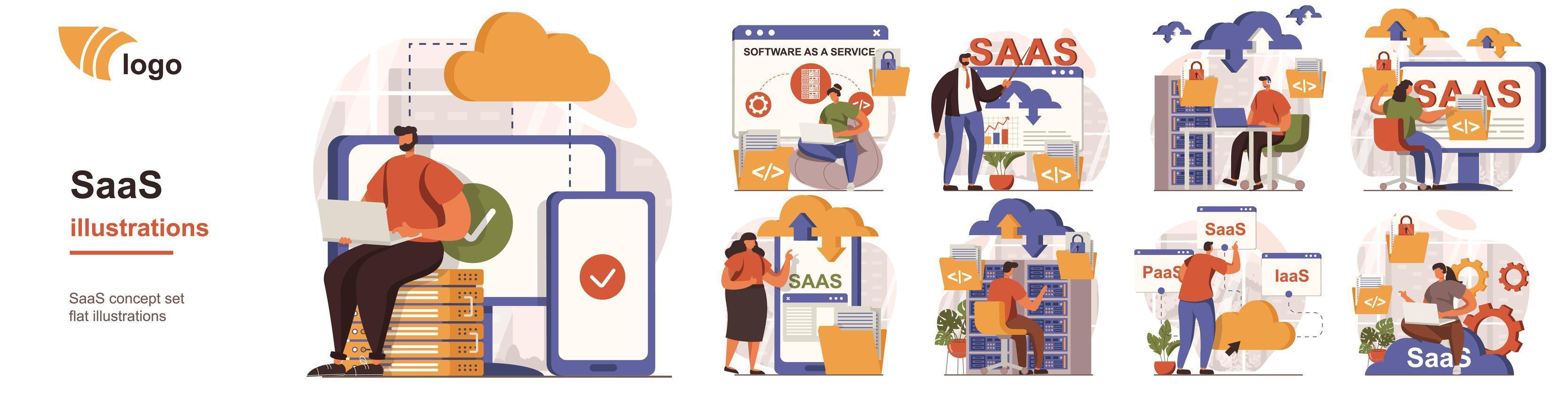 saas concept situations de personnes isolées. collection de scènes avec des personnes que les utilisateurs utilisent des logiciels en tant que service, abonnement, stockage en nuage et informatique. méga ensemble. illustration vectorielle au design plat vecteur