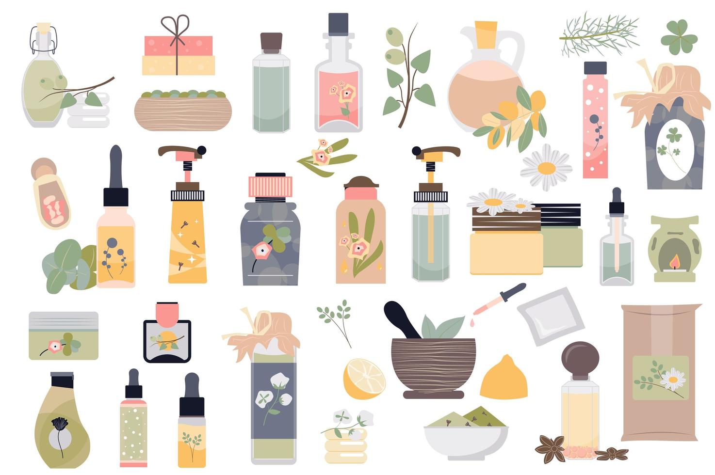 ensemble d'éléments isolés de spa et de cosmétiques biologiques. collection de différents types de bouteilles avec des produits de soins de la peau, des compositions de fruits, d'herbes et de fleurs. illustration vectorielle dans la conception de dessin animé plat vecteur