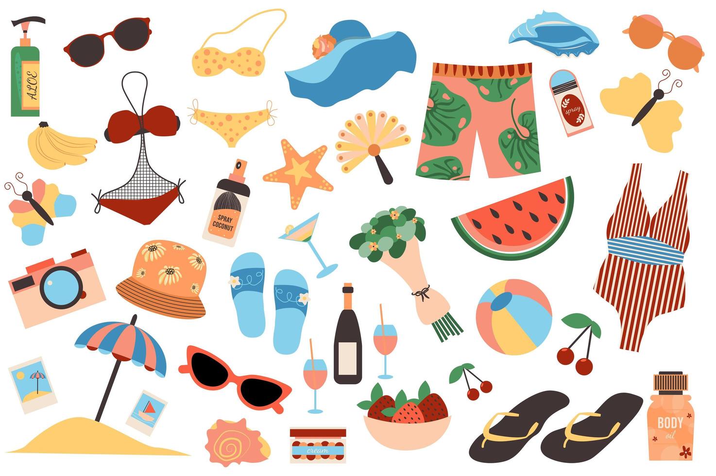 Ensemble d'éléments isolés de voyage d'été. collection de chaussures, short, maillot de bain, lunettes de soleil, panama, fruits, crème solaire et autre. compositions de vacances d'été. illustration vectorielle dans la conception de dessin animé plat vecteur