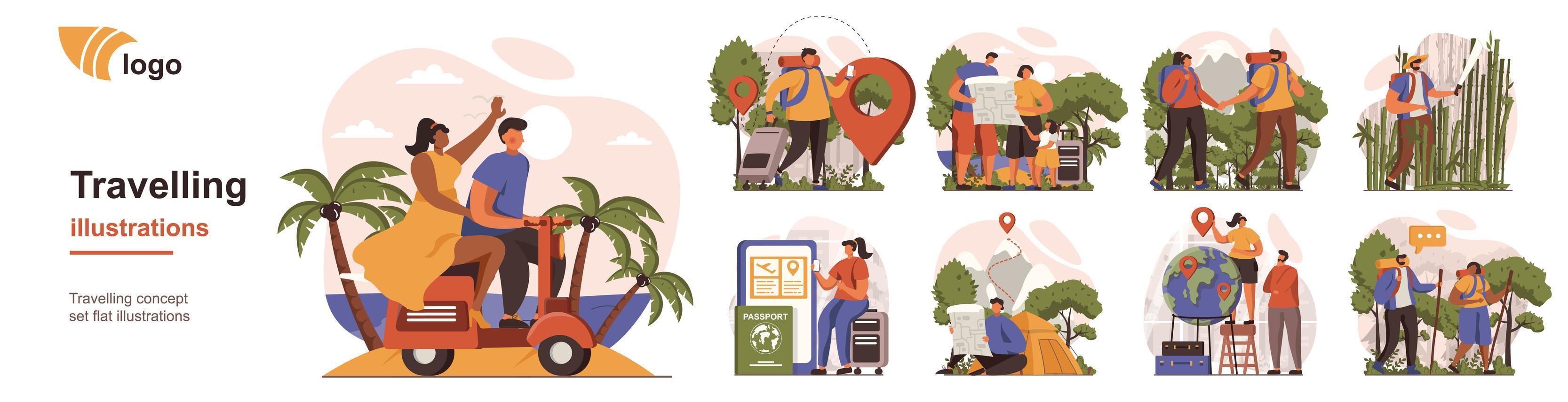 concept de voyage situations de personnes isolées. collection de scènes avec des voyageurs avec bagages partent en vacances, voyage d'été, randonnée, voyage dans le monde. méga ensemble. illustration vectorielle au design plat vecteur