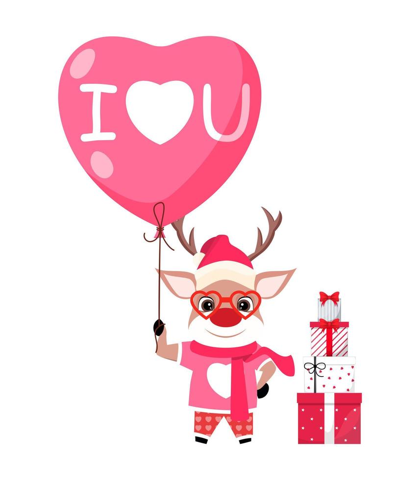 personnage mignon de renne debout et tenant des ballons d'amour en forme de coeur et avec des coffrets cadeaux vecteur