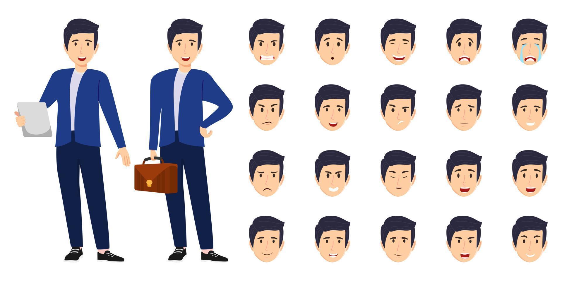 jeu de caractères d'homme d'affaires portant une tenue d'affaires avec différentes expressions faciales et émotion triste en colère heureux malheureux cri posant gai jeu d'icônes isolé vecteur