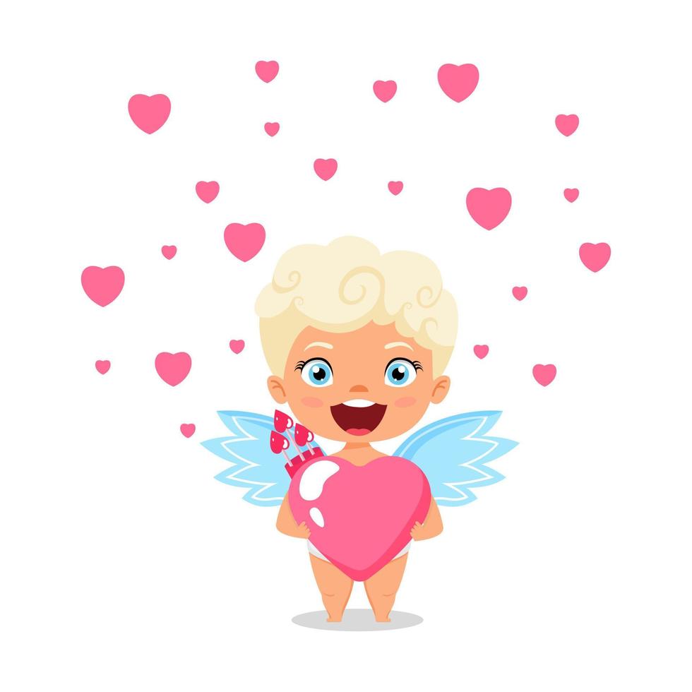 heureux personnage mignon de cupidon avec des ailes et debout tenant une pancarte en forme de coeur vecteur