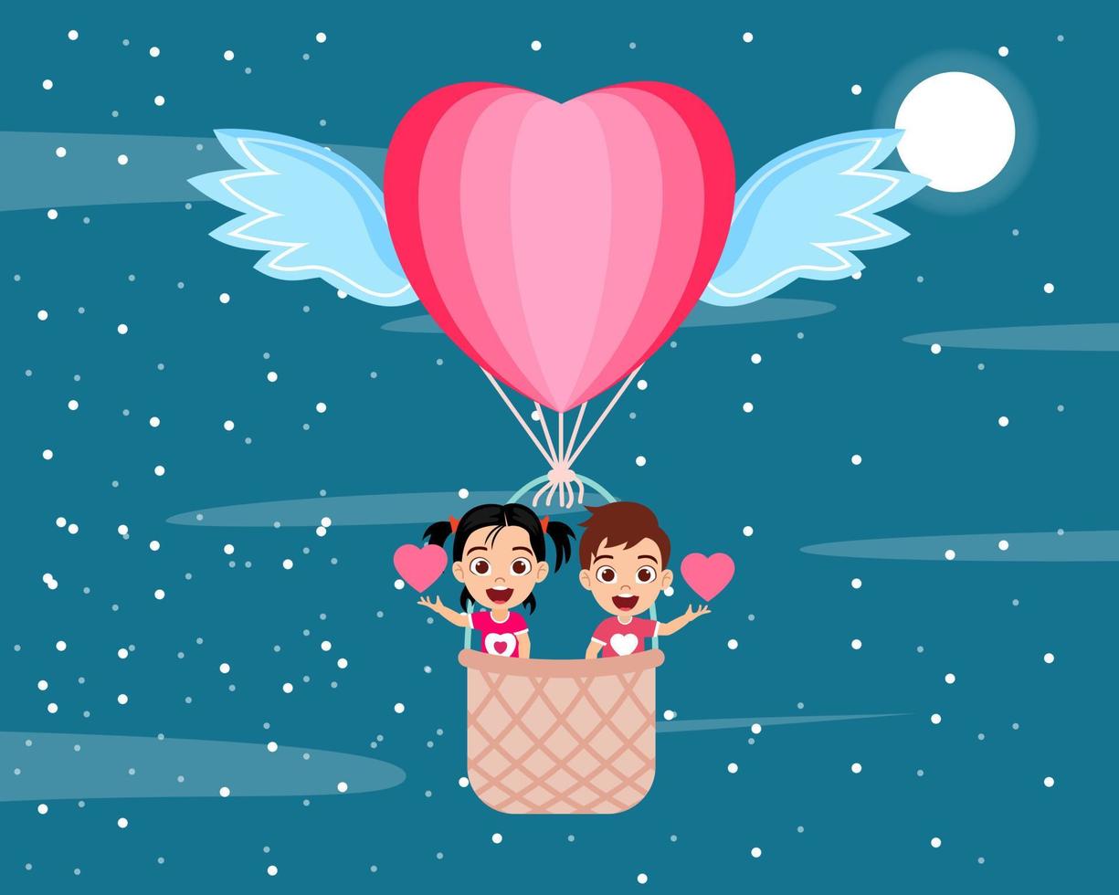 heureux garçon et fille enfant mignon personnage volant avec un ballon de la Saint-Valentin en forme de coeur à air chaud avec des ailes et agitant avec le symbole de forme de coeur sur fond de ciel vecteur