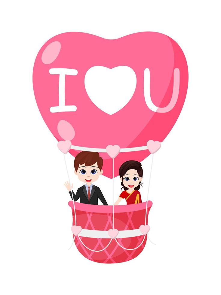 joyeux personnage mignon garçon et fille volant avec une montgolfière en forme de coeur sur fond blanc et avec je t'aime texte vecteur