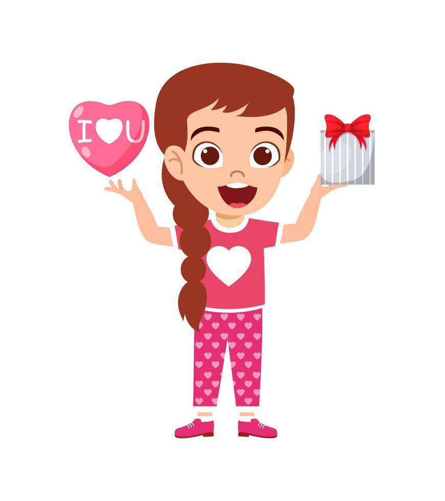 heureux mignon beau personnage de fille enfant portant un t-shirt avec un symbole en forme de coeur tenant une pancarte en forme de coeur avec des fleurs vecteur