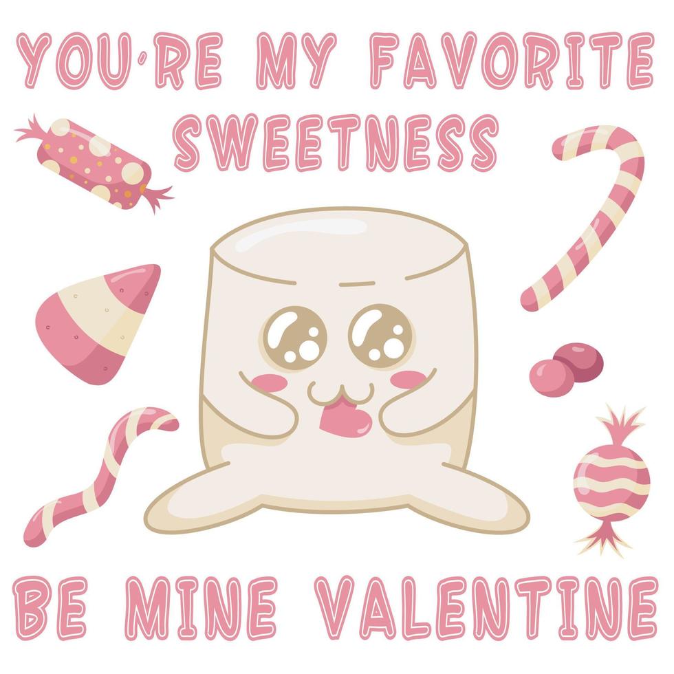 guimauve kawaii mignonne mâchant un coeur de bonbon entouré de différents bonbons. personnages de guimauve kawaii dans un style plat, cartes postales dessinées à la main pour exprimer leurs sentiments vecteur