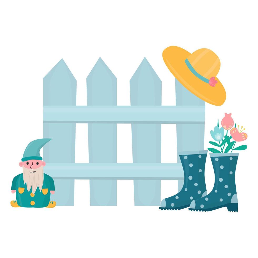 illustration de jardinage mignonne avec des bottes en caoutchouc chapeau de gnome de jardinage et vecteur plat de ressort de clôture