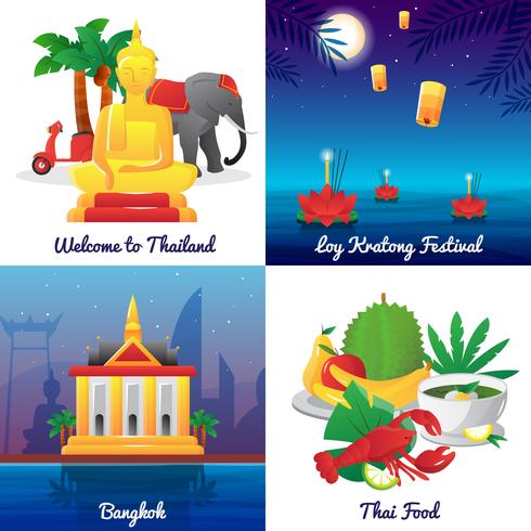 Place de la Thaïlande culture 4 icônes plat vecteur