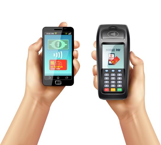 Mains avec smartphone et terminal de paiement vecteur