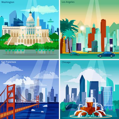 Cityscapes Concept américain Icons Set vecteur