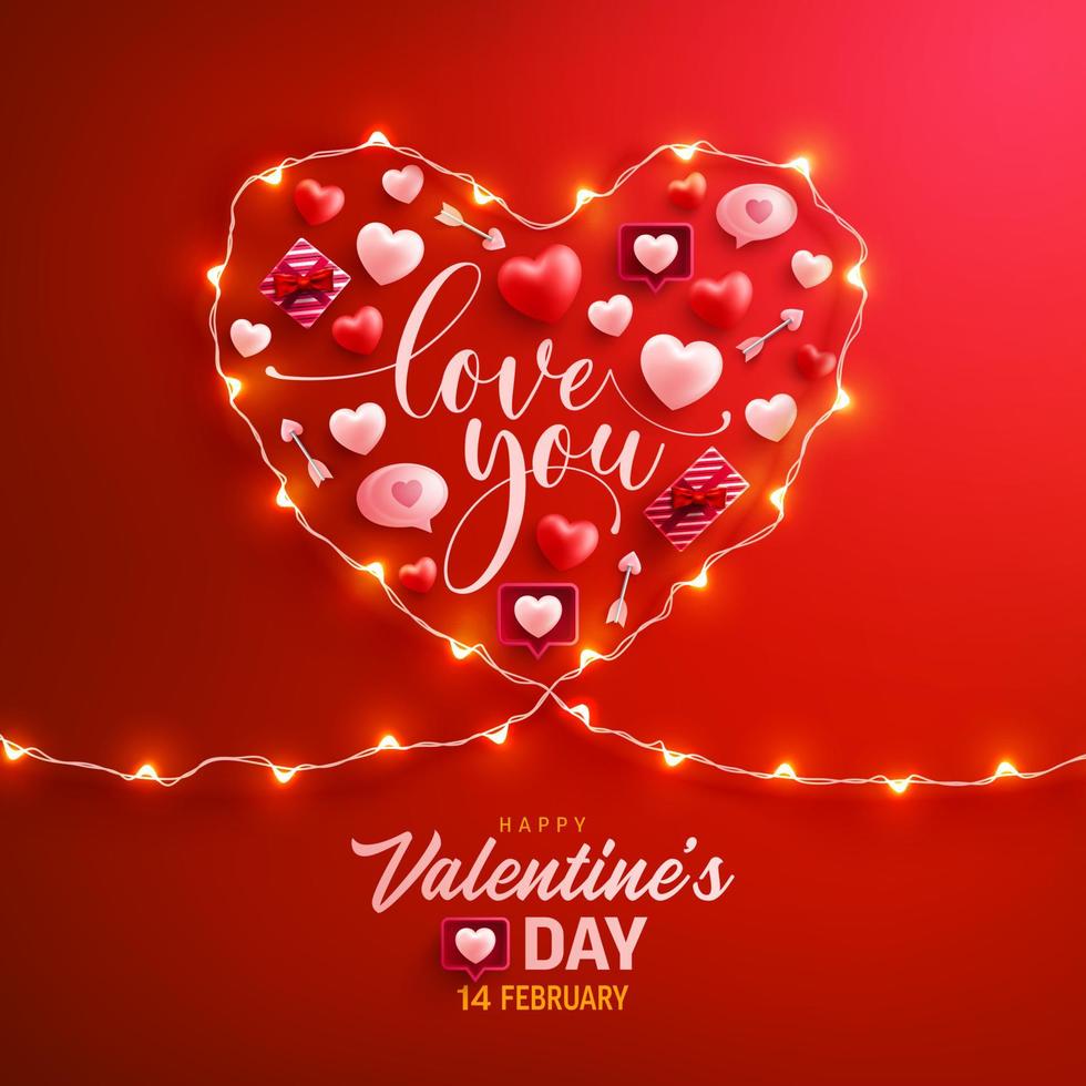 affiche ou bannière de la Saint-Valentin heureuse avec le symbole du coeur des guirlandes lumineuses et des éléments de la Saint-Valentin sur fond rouge. modèle de promotion et d'achat pour le concept de l'amour et de la Saint-Valentin. vecteur
