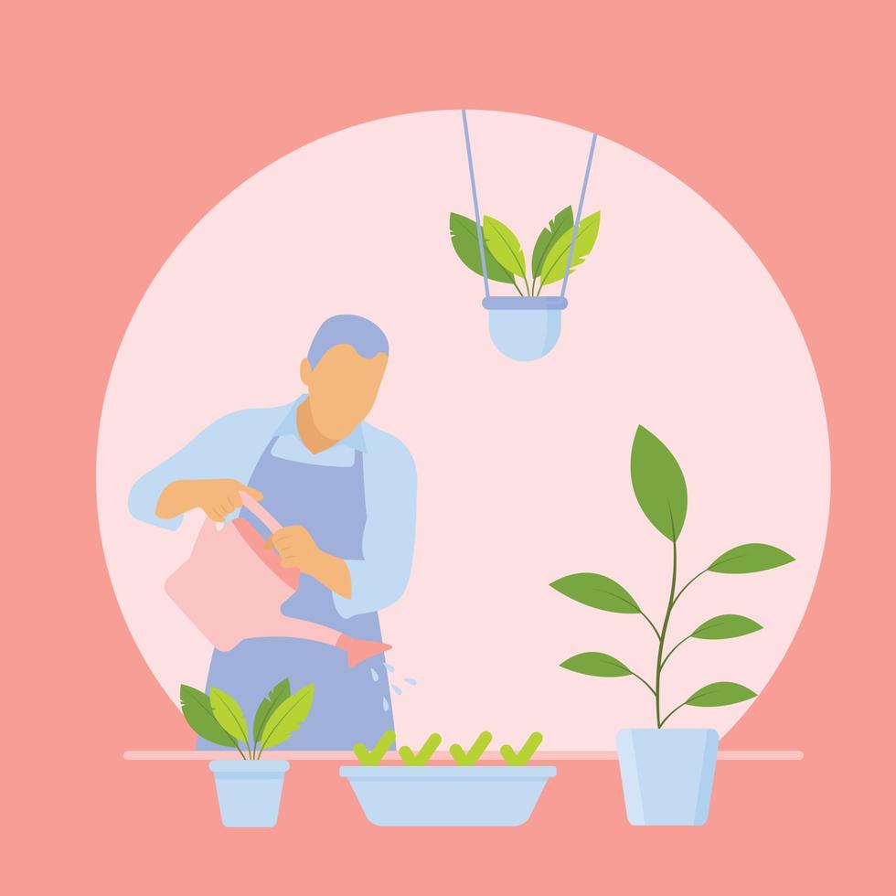 agriculteur arrosant des plantes dans des pots dans le jardin. illustration plate de prendre soin des plantes vecteur libre.