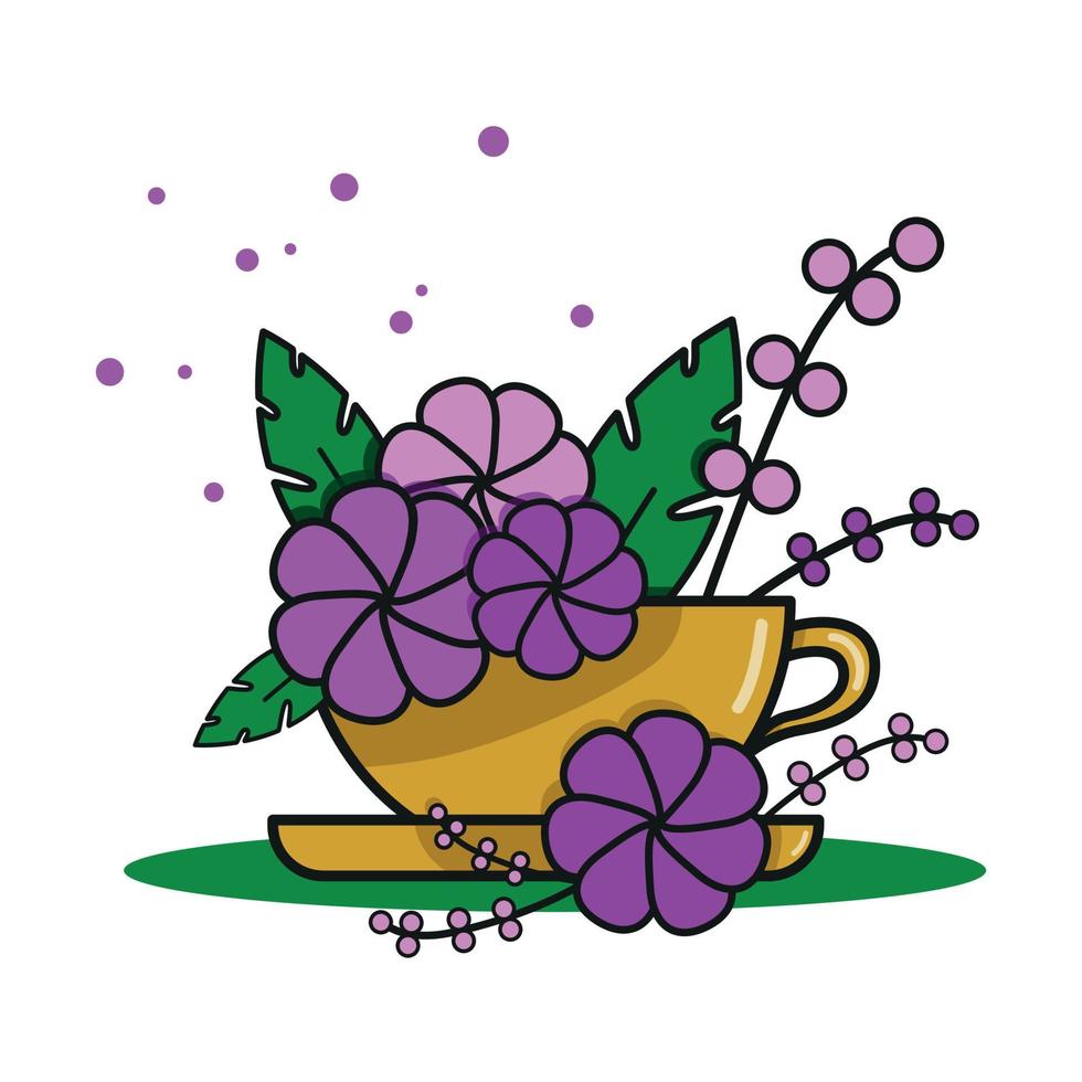 fleurs violettes dans une tasse de thé jaune vecteur