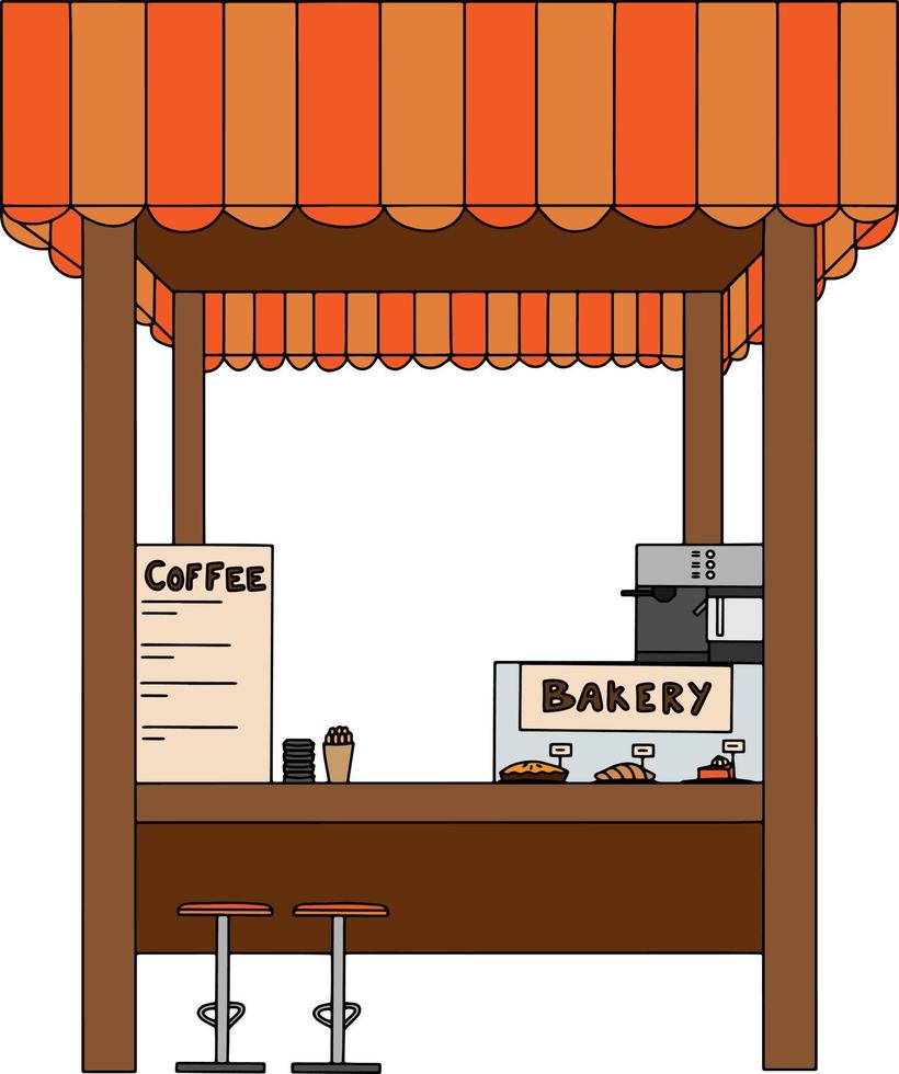 marché de décrochage d'illustration vectorielle avec café et boulangerie. café de rue avec chaises. café et boulangerie. vecteur
