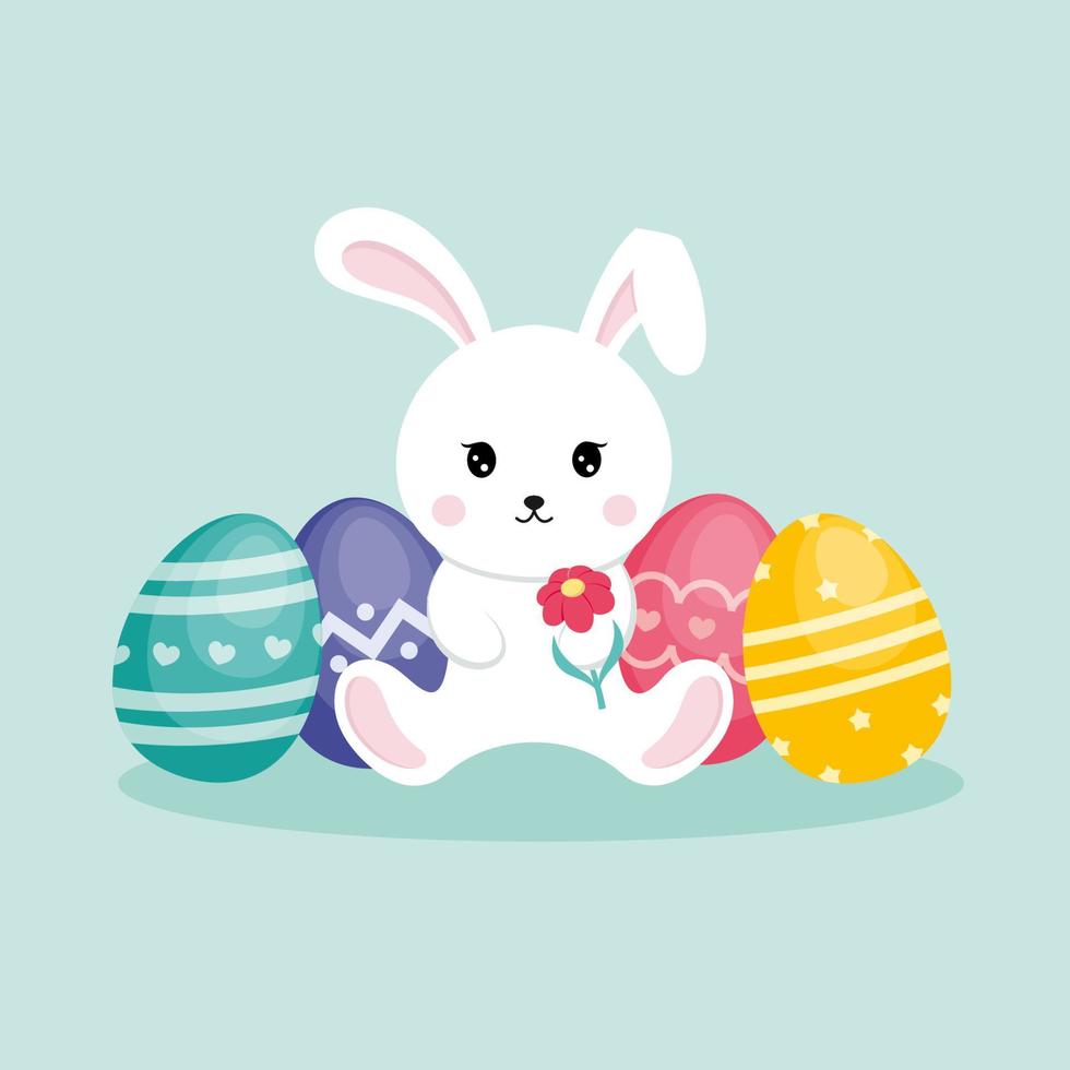un mignon lapin de pâques est assis à côté d'œufs brillants. illustration pour la conception de cartes postales, impression sur vêtements, affiche. vecteur