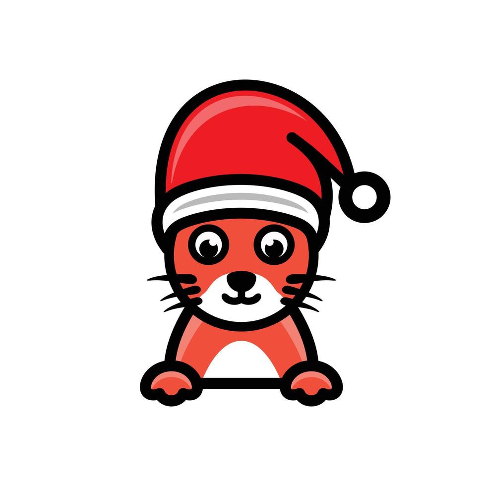 chat simple avec un chapeau de noël sur fond blanc, modèle de conception de logo vectoriel