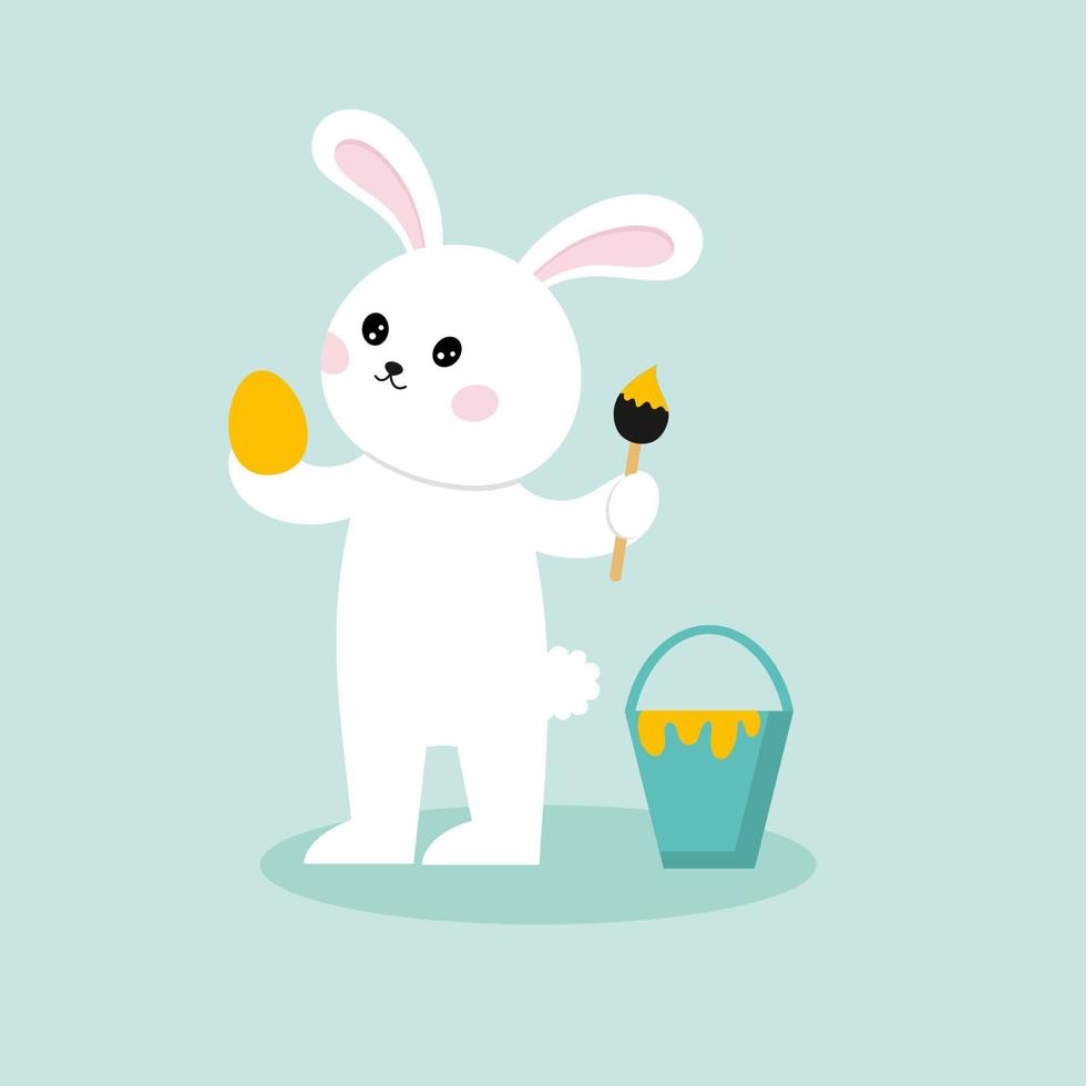 un lièvre blanc peint un œuf de Pâques. carte postale pour les vacances de pâques. vecteur