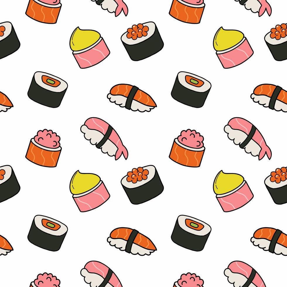 ensemble de sushis et petits pains. modèle sans couture avec des sushis japonais. nourriture nationale japonaise. papier peint pour l'impression de papier d'emballage vecteur