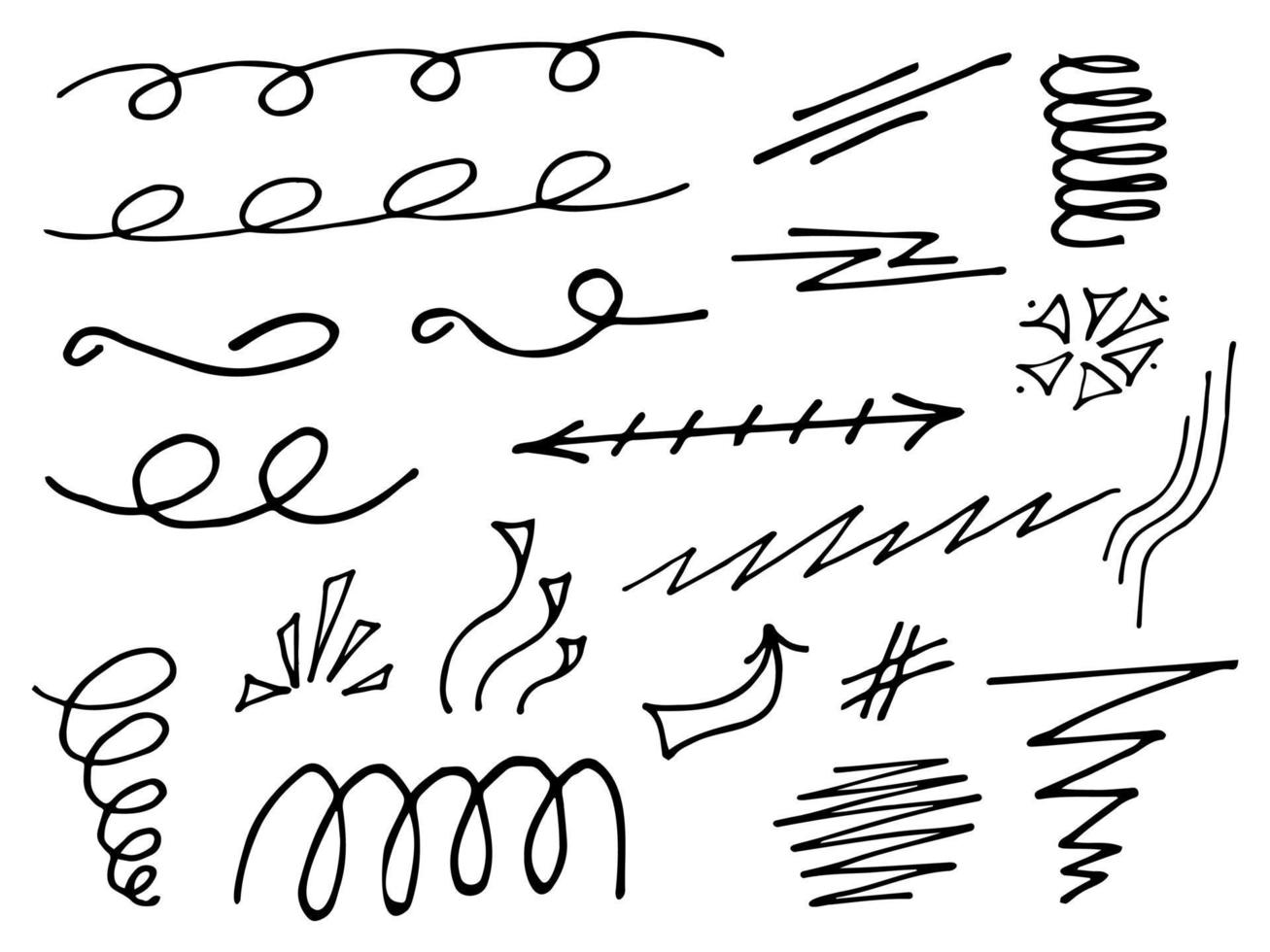 souligne et lignes bouclées doodle set isolé sur fond blanc. vecteur