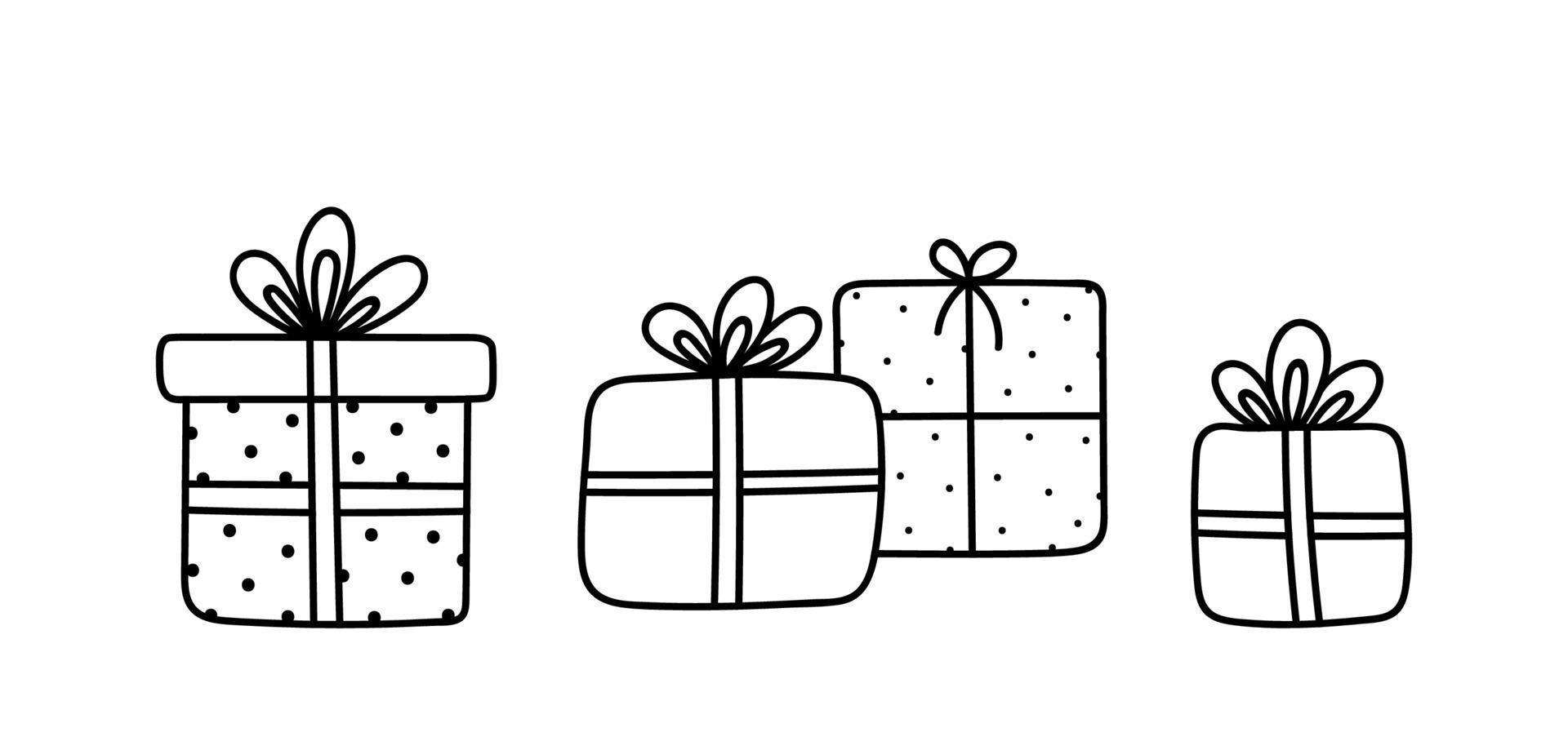 ensemble mignon de cadeaux de vacances avec des arcs et des rubans isolés sur fond blanc. illustration vectorielle dessinée à la main dans le style doodle. parfait pour les conceptions de Noël et d'anniversaire, les cartes, les décorations, le logo. vecteur